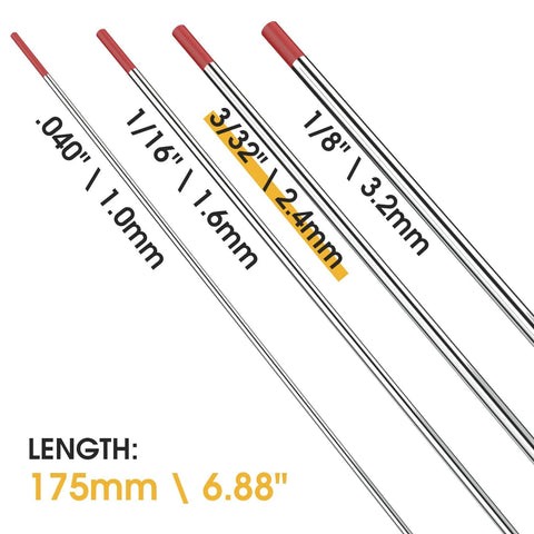 Different sizes of TIG tungsten electrodes shown, including 3/32 Inch By 7 Inch Red EWTh-2 TIG Tungsten Electrodes 10 Pack Vacuum Sealed