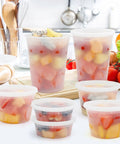 Bulk 48 Set Deli Containers With Lids 8oz 16oz 32oz Plastic Food Storage Containers filled with fruit salad on kitchen counter