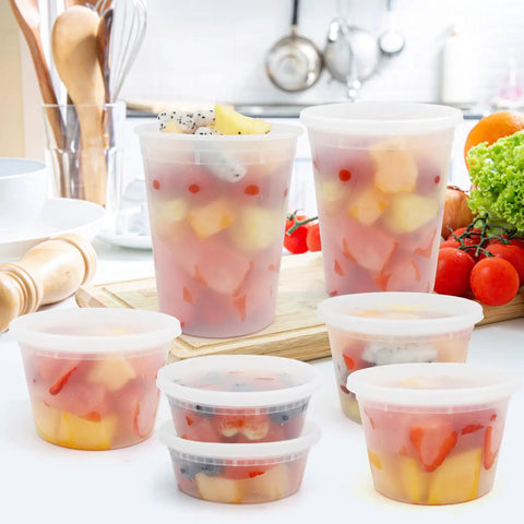 Bulk 48 Set Deli Containers With Lids 8oz 16oz 32oz Plastic Food Storage Containers filled with fruit salad on kitchen counter