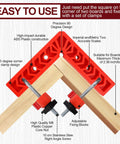 Hella Sturdy 90 Degree Corner Clamp Set 12 Piece Woodworking Kit Includes 3 4 And 6 Inch Framing Squares Durable Plastic Construction showing two clamps and wooden boards.