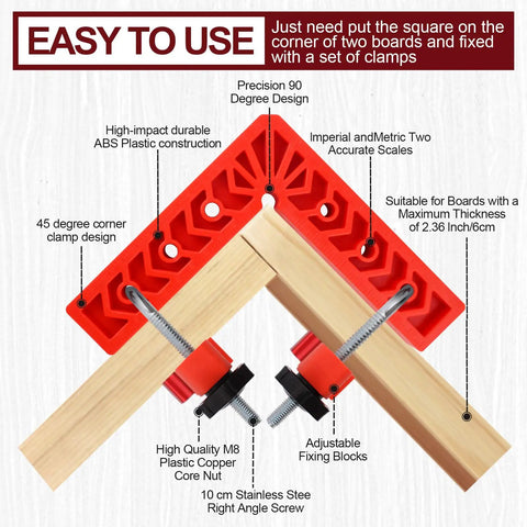 Hella Sturdy 90 Degree Corner Clamp Set 12 Piece Woodworking Kit Includes 3 4 And 6 Inch Framing Squares Durable Plastic Construction showing two clamps and wooden boards.