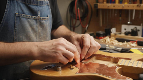 Person applying high conductivity copper foil tape for guitar EMI shielding wide adhesive copper sheet in workshop.