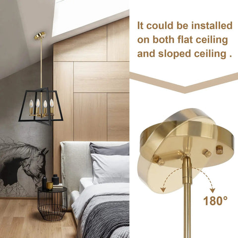 Black Brass Farmhouse Lantern Chandelier 4 Light Pendant With Bird Cage Frame Gold Finish in bedroom with sloped ceiling