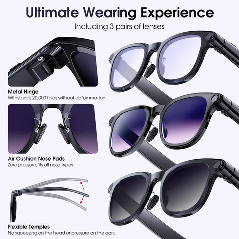 Image showing 4K Video Glasses With 8MP Camera For Vlog Travel And Work On The Go Open Ear Audio Real Time Translation, featuring flexible temples and air cushion nose pads.