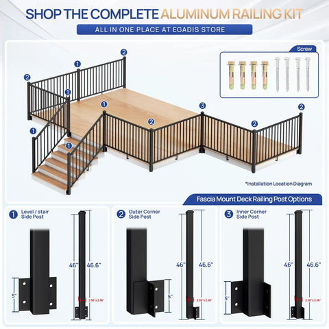 Built Tough Aluminum Deck Railing Kit 2 Pack 36 Inch High By 6 Feet Wide Modular Side Mount Post with installation diagram.