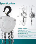 Front view of TOYO 2200lb manual chain hoist with white housing, black top hook, and visible load chains