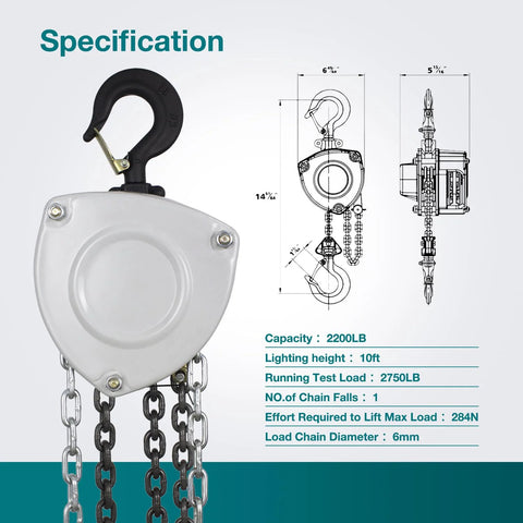 Front view of TOYO 2200lb manual chain hoist with white housing, black top hook, and visible load chains
