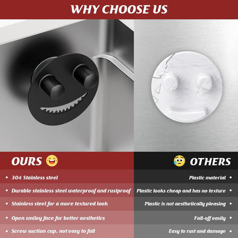 Cool Kitchen Sink Sponge Holder With Suction Cup in black stainless steel vs. a white plastic alternative on stainless steel sink
