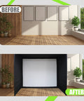 Comparison of room before and after setup with Indoor Golf Simulator Enclosure With Impact Screen For Home Or Garage.