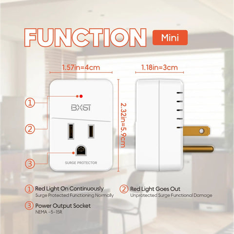Slick Compact Single Outlet Surge Protector With Flat Plug And Led Indicator For Fridges Computers Tvs And Home Electronics Sweet 540 Joule Power Spike Shield 15 Amp Wall Mount Guard image showing dimensions and functionality.