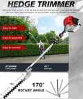 Man using Beast 52cc Gas Weed Wacker Multi Tool Hedge Trimmer in garden, showing 16-inch blade and 170° rotary angle.