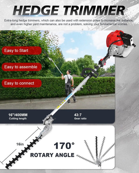Man using Beast 52cc Gas Weed Wacker Multi Tool Hedge Trimmer in garden, showing 16-inch blade and 170° rotary angle.
