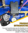 Four Port Air Compressor Pressure Switch Replacement Control NPT Quarter Inch 95 to 125 PSI 20A with pressure gauge installed