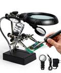Desktop LED Magnifying Glass Soldering Station With Handy Helping Hands, 2.5X 7.5X 10X Magnifier with LED and Alligator Clips