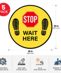 Five Pack Stop Here Floor Signs 18 Inch Round Vinyl Anti Slip High Visibility Stickers For Quick Queue Control And Social Distancing In Busy Places No Fuss, 18 in yellow stop-wait floor decal