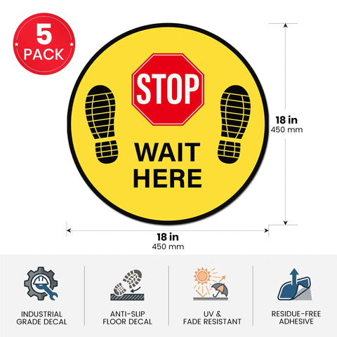 Five Pack Stop Here Floor Signs 18 Inch Round Vinyl Anti Slip High Visibility Stickers For Quick Queue Control And Social Distancing In Busy Places No Fuss, 18 in yellow stop-wait floor decal