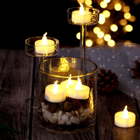 24 Pack Flickering LED Tea Lights With Timer 6 Hour Auto On Off Battery Operated Flameless Tealights in glass display