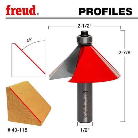 2-1/2 Inch Chamfer Bit With 45 Degree Cutters, 1/2 Inch Shank, Dual Carbide for Precision Chamfering in Woodworking Projects