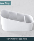 Smart 4 Tier Stairstep Packet Organizer With Divided Compartments For Kitchen Pantry And Counter, white plastic caddy with four sections.