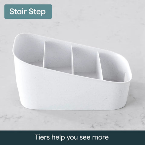 Smart 4 Tier Stairstep Packet Organizer With Divided Compartments For Kitchen Pantry And Counter, white plastic caddy with four sections.