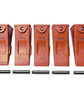 X156L Long Mini Excavator Bucket Teeth 5 Pack With P156 Pins aligned vertically, showcased for skid steer and backhoe use.
