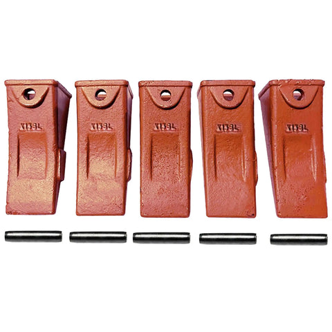 X156L Long Mini Excavator Bucket Teeth 5 Pack With P156 Pins aligned vertically, showcased for skid steer and backhoe use.