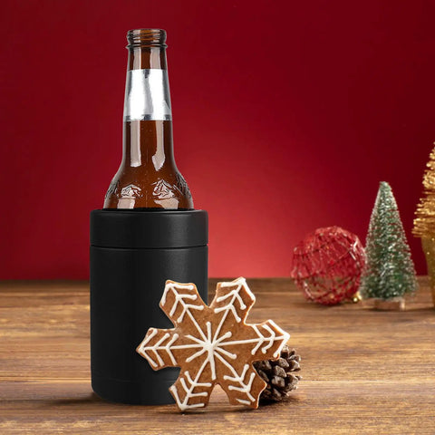 Stainless Steel 12oz Vacuum Insulated Can And Bottle Cooler Keeps Ya Drinks Ice Cold With Double Wall Construction Copper Plated Chiller Metal Cooler For Cans And Bottles Black Finish with beer bottle