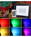 JUDYSSY RGB Led Floodlight Ac220 100W with remote control, showcasing colorful lighting effects for outdoor use.