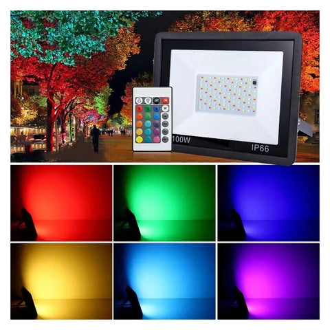 JUDYSSY RGB Led Floodlight Ac220 100W with remote control, showcasing colorful lighting effects for outdoor use.