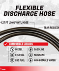 Close-up of TERA PUMP black vinyl discharge hose, 4.27 ft; compatible with diesel, gasoline, E15, E85 fuels