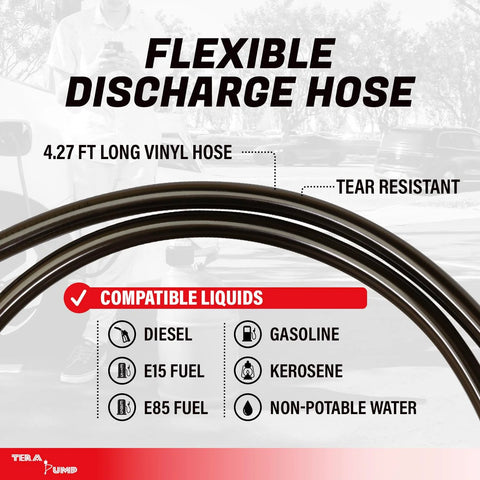 Close-up of TERA PUMP black vinyl discharge hose, 4.27 ft; compatible with diesel, gasoline, E15, E85 fuels