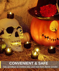 Dripping Black Flameless Tea Lights 24 Pack with Warm White Flickering LED Candles among Halloween pumpkins and skull decor
