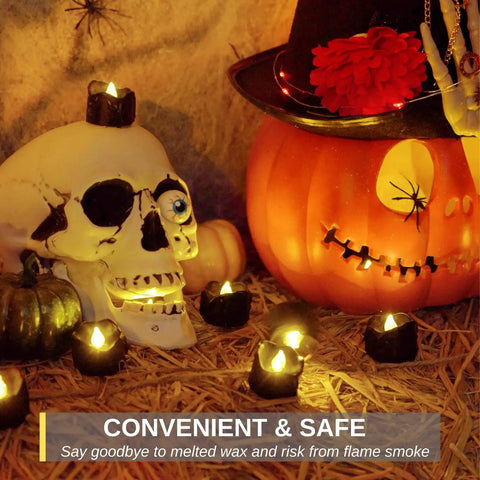 Dripping Black Flameless Tea Lights 24 Pack with Warm White Flickering LED Candles among Halloween pumpkins and skull decor