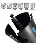 Spyder 18-piece tungsten carbide hole saw kit with 12 saws, 2 arbors, 4 pilot bits; black tool with blue Spyder logo