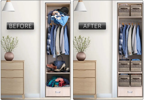 Closet before and after with Foldable Storage Cube Baskets 4 Pack In Rustic Brown Wood Grain Finish for tidy organization.