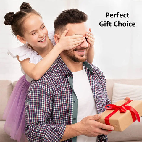 Young girl surprising her dad with a gift, covering his eyes with hands