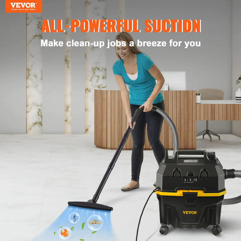 Workhorse 4 Gallon Wet Dry Vacuum With 5 Peak HP Motor Quiet Yet Mighty Suction 65 CFM Airflow Built In Blower 3 In 1 Crevice Nozzle And All Purpose Attachments For Car Debris Pet Hair Carpet Or Garage Cleanup Black And Yellow