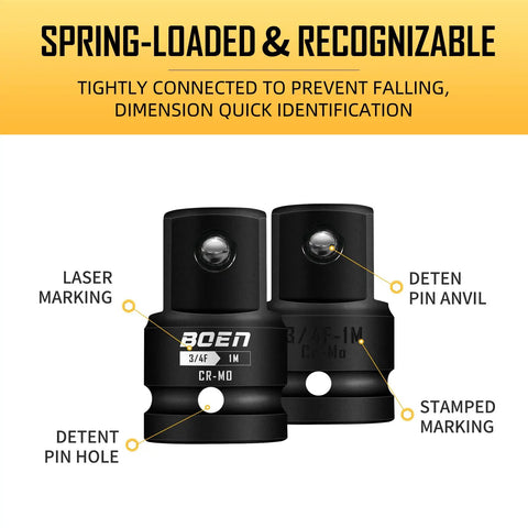 Rock Solid 3/4 Female To 1 Male Impact Socket Adapter With Spring Loaded Ball Lock Chrome Moly Steel for secure grip and identification.