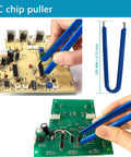 IC chip puller tool used on circuit boards, showcasing a 173 Piece IC Chips Kit with op amps and timers for DIY projects.