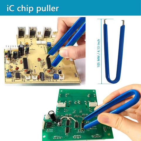 IC chip puller tool used on circuit boards, showcasing a 173 Piece IC Chips Kit with op amps and timers for DIY projects.