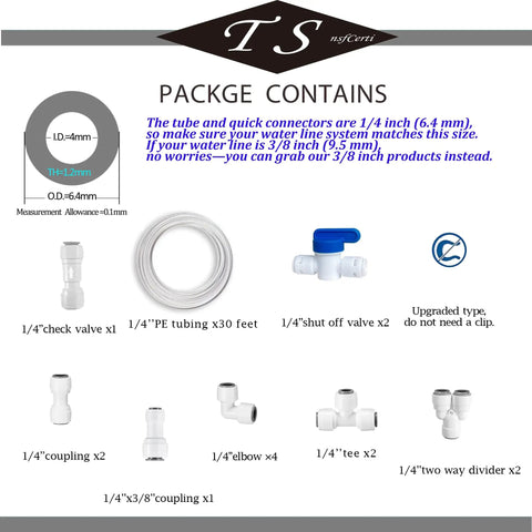 TSnsfCerti NSF 1/4" Water Line Tubing and Push to Connect Fittings package details with tubing, connectors, valves, and fittings.