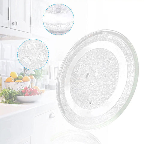 11.25 Inch Microwave Glass Turntable Plate Replacement For GE And Samsung Ovens, clear round glass tray on kitchen counter
