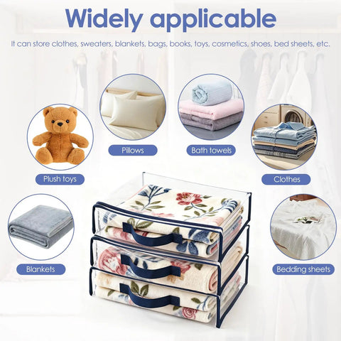 Heavy-Duty Clear Storage Bags With Zipper, 12 Pack, showing use for clothing, blankets, bedding sheets, and toys.