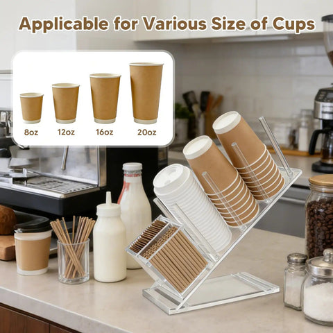 Clear Acrylic Coffee Cup And Lid Holder With Straw Organizer Five Compartment Disposable Cup Dispenser And Countertop Rack.