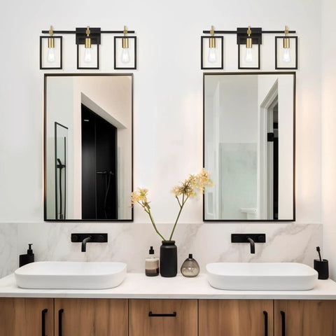 Industrial 3 Light Vanity Fixture In Black And Brass Gold With Rectangular Backplate Rustic Modern Farmhouse Bath Lighting Over Mirror For Bathrooms Restrooms Kitchens Living Rooms And More