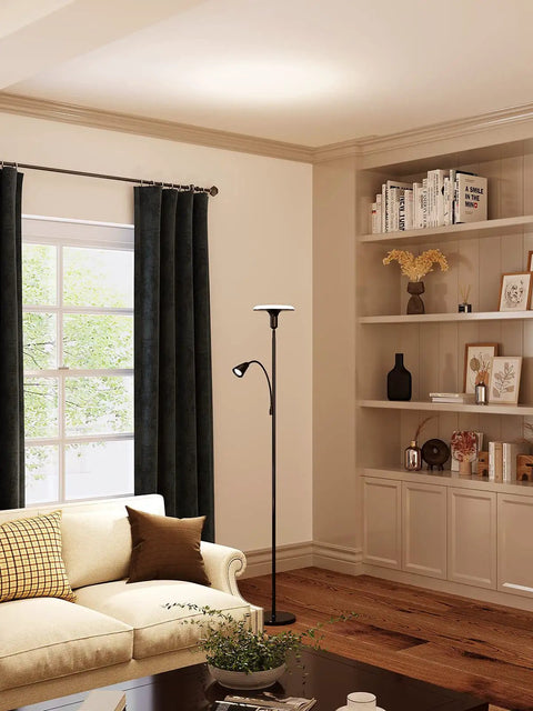 Torchiere Floor Lamp With Adjustable Reading Light Remote Control And Foot Switch Dual Light Setup for cozy living room and office