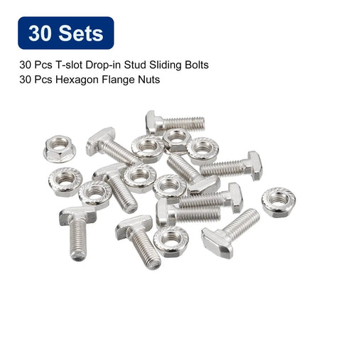 30 pcs M8x25mm T Slot Drop-In Bolt And M8 Hex Nut Set with sliding screws for 40 Series aluminum profiles.