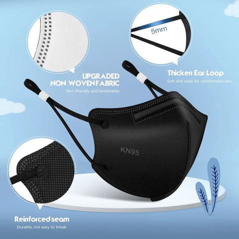 Kids KN95 Face Mask 25 Pack 5 Layer Breathable Mask with adjustable ear loops, silicone buckles, black snug fit, no slip design.