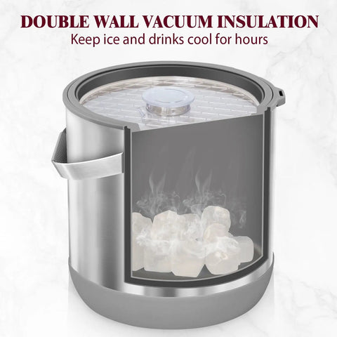 Big Boy 7qt Vacuum Insulated Ice Bucket With Lid And Scoop, Heavy Duty Cold Drink Cooler shows double wall insulation with ice.