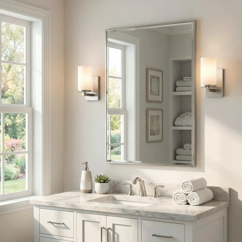 Bathroom vanity with Crosby 9.25 Inch Wall Sconce In Brushed Nickel, 1 Light low key chic light with satin etched cased opal glass.